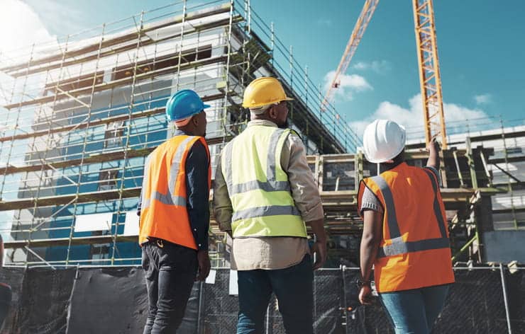Three tradespeople looking at a construction project they are working on. 