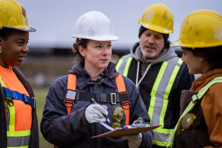 Four construction workers are discussing a job.