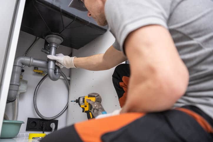 A plumber working on pipes underneath a kitchen sink.